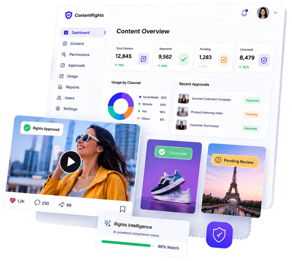 Rights management dashboard showing approved, pending and licensed content