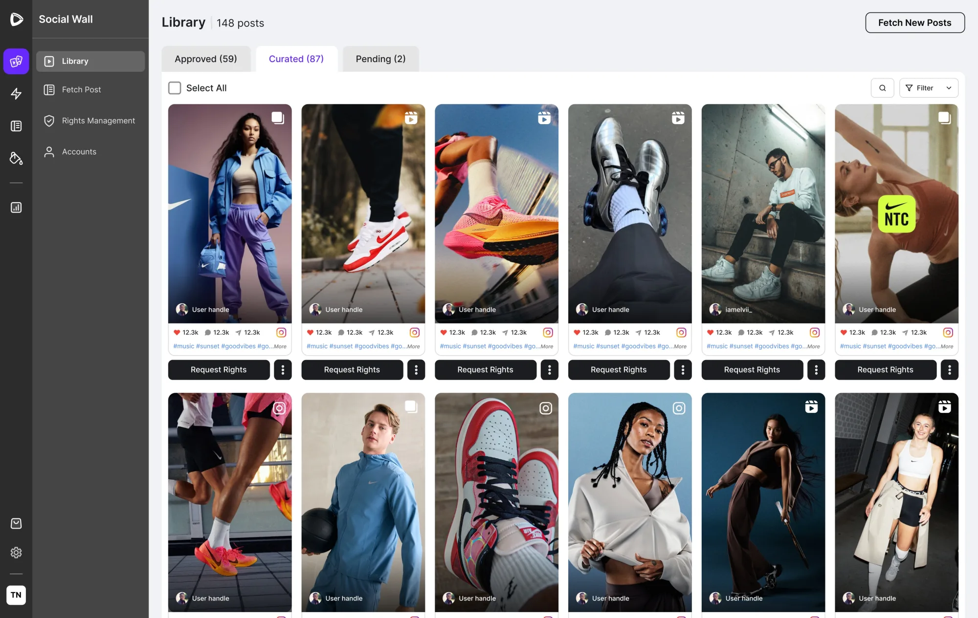 Content library grid with engagement metrics and multi-select