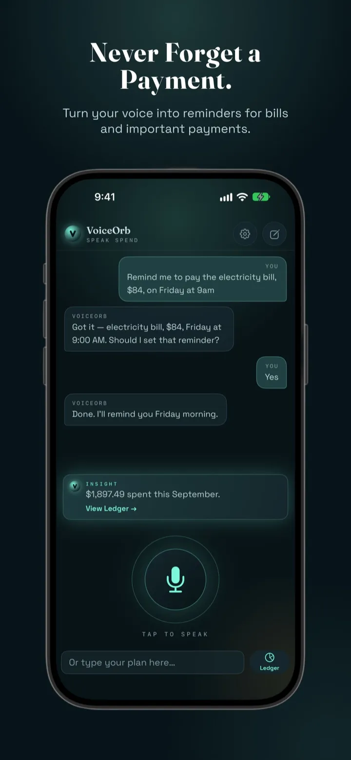 Reminder created from voice with a text input available below